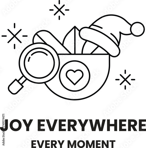 A black and white image of a magnifying glass and a hat with a heart on it