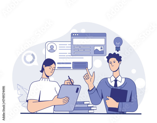 Two people working on user interface and UX design with digital devices, flat graphic style on abstract background. Concept of collaboration and innovation. Vector illustration