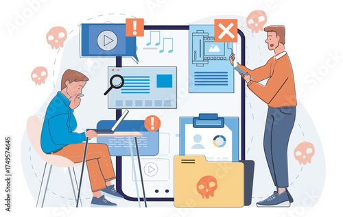 Two men analyzing suspicious digital content on a giant smartphone screen with warning icons and malware symbols on abstract background. Vector illustration