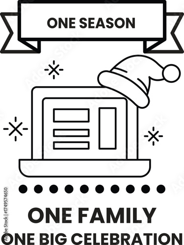 A black and white image of a laptop with a Christmas hat on it