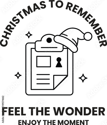 A black and white image of a clipboard with a Santa hat on it