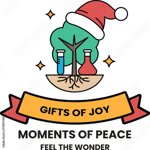 A tree with a hat on it and a banner that says "Gifts of Joy"