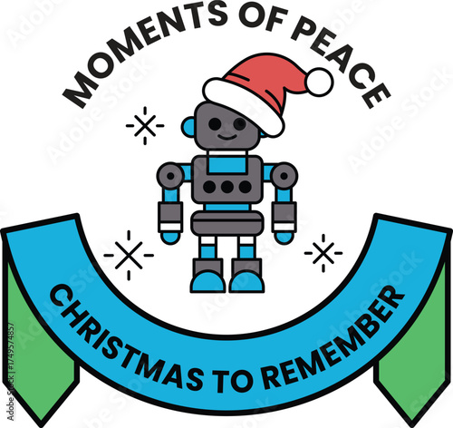 A robot is standing in front of a Christmas ribbon