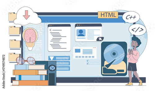A young student learning programming languages like HTML and C plus is shown next to digital screens, folders, and books, on a white background. Concept of coding education. Vector illustration