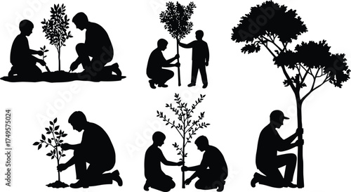 Silhouettes of people and children planting trees, nature care and environment protection concept, eco-friendly gardening illustration, green earth sustainability design