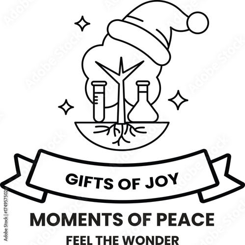 A white and black image of a tree with a hat on it and a ribbon
