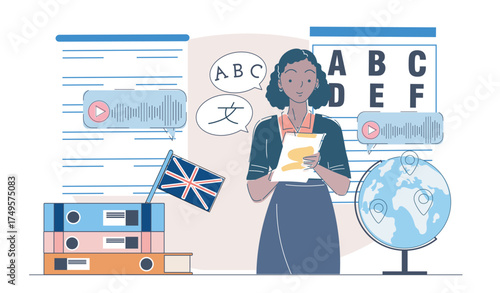 Woman holding documents surrounded by English symbols, speech bubbles, globe, and UK flag, in flat style on white background. Concept of language education. Vector illustration