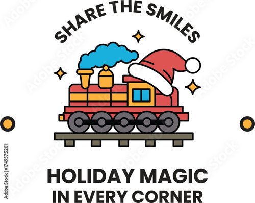 A train with a Santa hat on it and the words "share the smiles" written below it