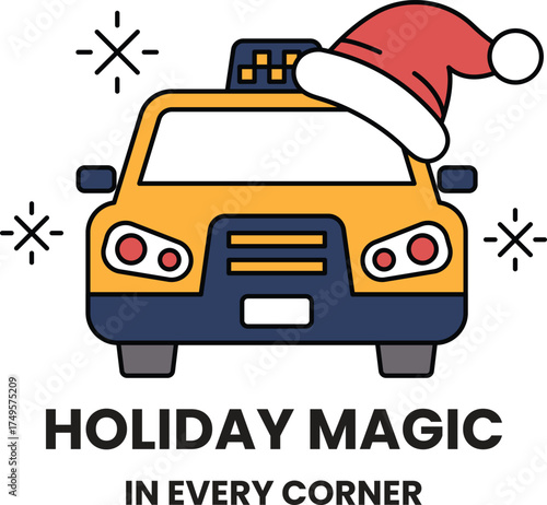 A yellow cab with a red hat on top