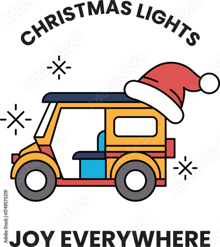 A cartoon image of a car with a Santa hat on it