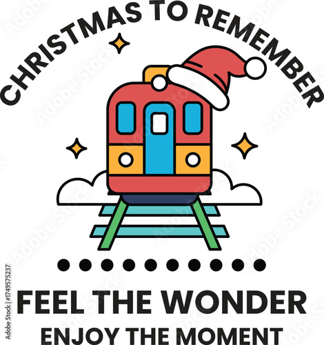 A train with a Santa hat on it is the title of the image