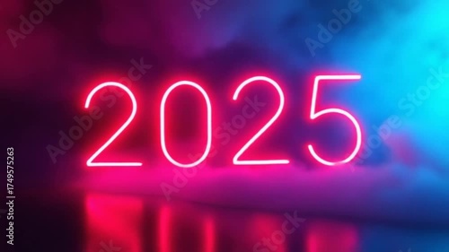 Neon 2025 Sign Reflecting in Water - A Futuristic New Years Celebration.