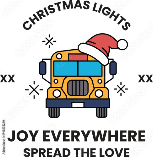 A yellow school bus with a red hat and a white christmas lights sign on the side