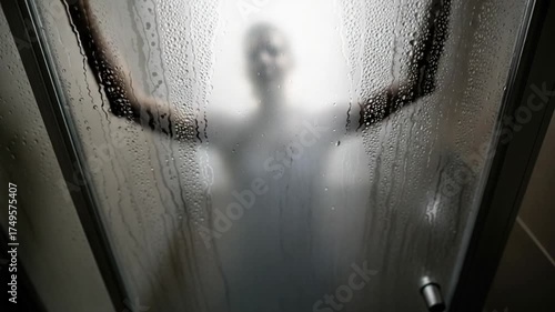 Eerie Silhouette of a Person Behind a Steamy Shower Door.