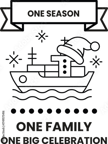 A black and white image of a boat with a Santa hat on it