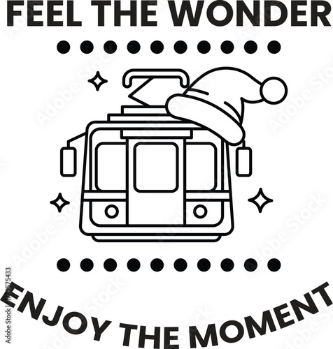 A black and white image of a trolley with a Santa hat on it