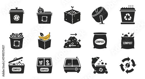 Fifteen black and white icons depicting various compost bins, composting processes, and related organic waste.