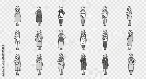 A collection of line art illustrations depicting pregnant women in various poses, showcasing different stages and clothing styles.