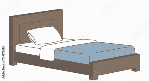 Illustration of a bed with a brown frame, white pillow, white sheet, and blue blanket, isolated on a white background.