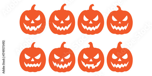 Set of Spooky Halloween Jack-o'-Lantern Pumpkins, Black Silhouettes with Scary Faces for Holiday Decorations and Autumn Celebrations.