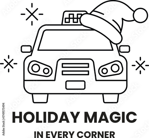 A black and white drawing of a car with a Santa hat on it