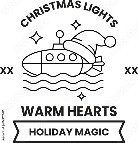 A black and white image of a submarine with a Santa hat on it