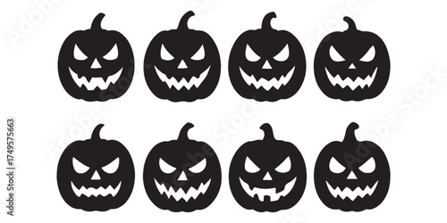 Set of Spooky Halloween Jack-o'-Lantern Pumpkins, Black Silhouettes with Scary Faces for Holiday Decorations and Autumn Celebrations.