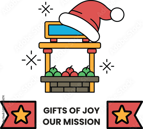 A Christmas themed poster with a hat on top of a fruit stand
