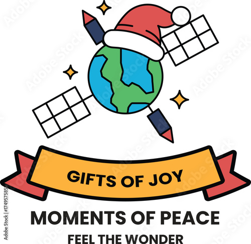 A poster with a satellite and a globe with a red ribbon that says "Gifts of Joy"