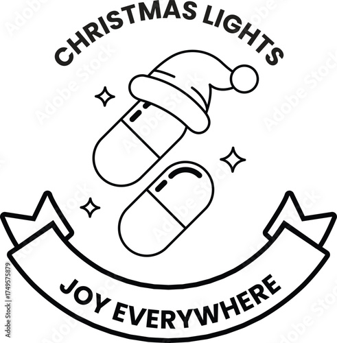 A white and black Christmas light logo with a Santa hat on top