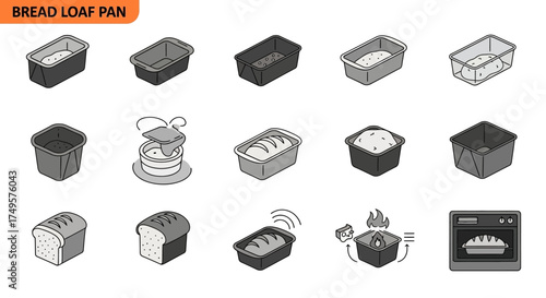 Isometric illustrations depict bread loaf pans, bread slices, and baking processes, showcasing various stages from empty pans to finished loaves and potential kitchen mishaps.