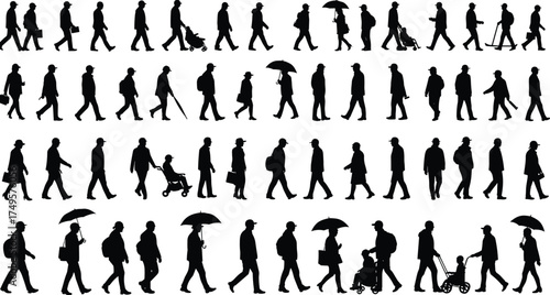 Silhouettes of people walking on street, men and women with umbrellas, strollers, and bags, urban lifestyle, everyday city life vector illustration