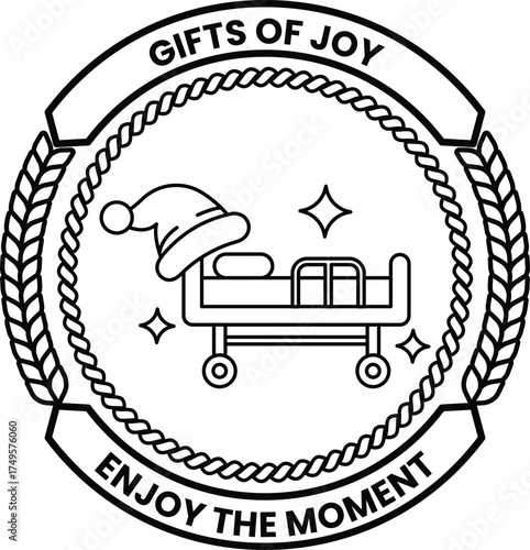 A black and white image of a bed with a Santa hat on it