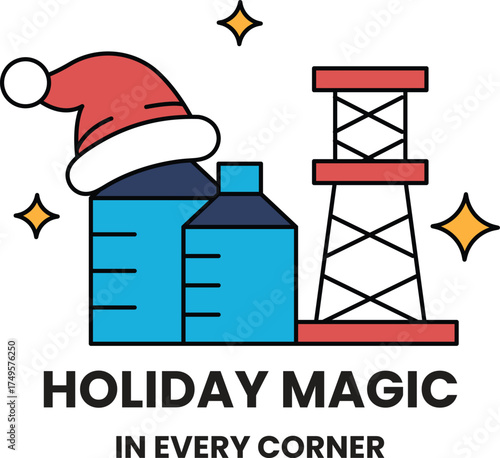 A Christmas hat is on a sign that says "holiday magic in every corner"