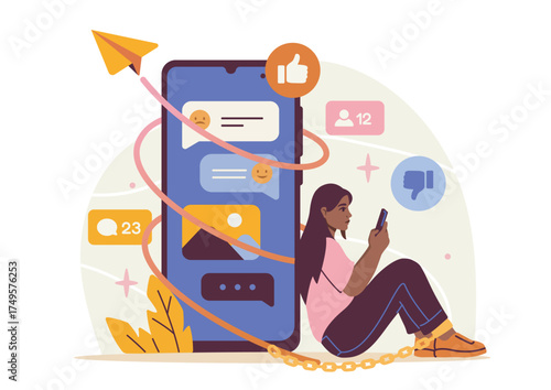 Young woman sitting chained to a large smartphone screen, surrounded by social media icons and notifications, symbolizing digital addiction. Vector illustration