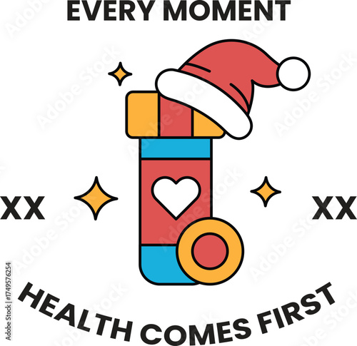 A cartoon of a bottle of medicine with a red heart on it and a Santa hat on top