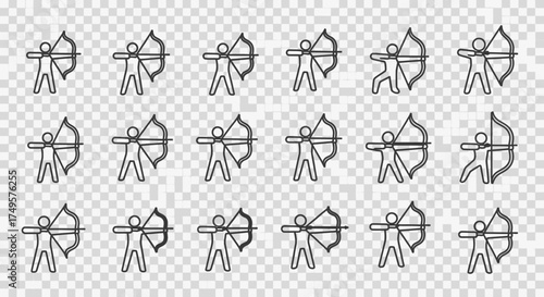 Multiple archer icons aiming with bows and arrows, arranged in a grid pattern on a transparent background.