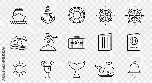 A collection of line art icons representing travel, including a cruise ship, anchor, life preserver, steering wheel, wave, island, suitcase, passport, cocktail, and whale.