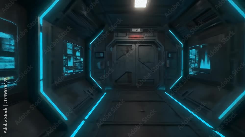Sci Fi Corridor With Blue Neon Lights Abstract Background 3d Animation