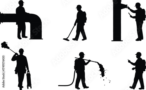 Silhouettes of professional workers cleaning ventilation ducts and air systems, industrial maintenance technicians performing HVAC duct cleaning service with equipment on white background illustration