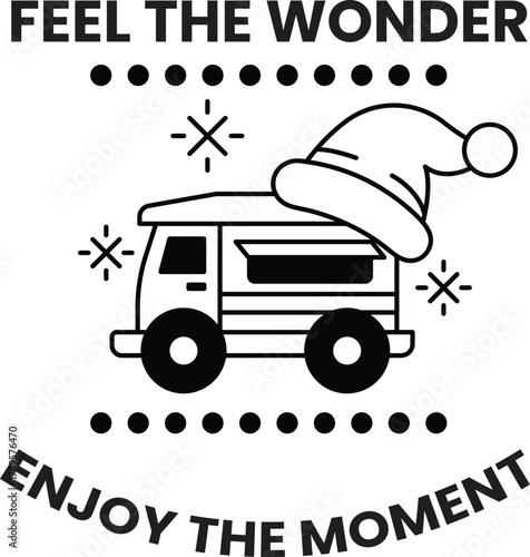 A black and white image of a truck with a Santa hat on it