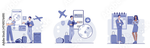 Illustrated people planning travel, booking flights, and managing documents with luggage and airplanes on a white background. Concept of travel preparation. Vector illustration