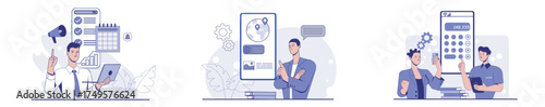 Business people with digital tools, charts, and calculators in modern flat style on white background. Concept of management, planning, and analysis. Vector illustration
