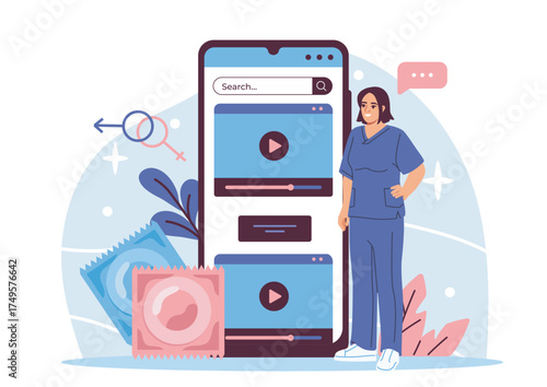 Female nurse standing beside large phone screen displaying educational videos, with condoms and gender symbols around, on abstract light background. Vector illustration