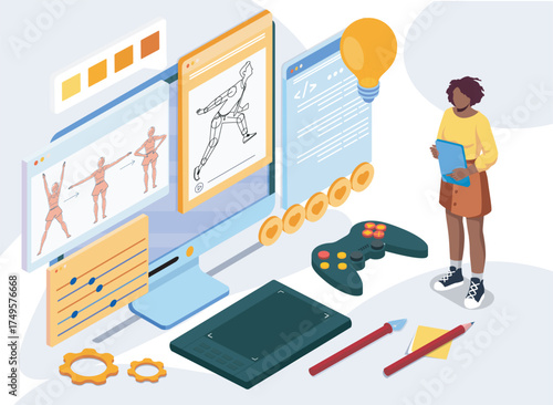A woman stands near screens displaying character animation, coding, and design tools with a game controller, tablet, and creativity elements. Vector illustration