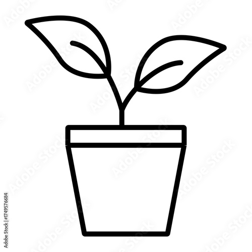 Outline icon of a potted plant with two leaves, symbolizing home gardening, indoor plants, and eco lifestyle. Great for botanical, decoration, or houseplant concepts.
