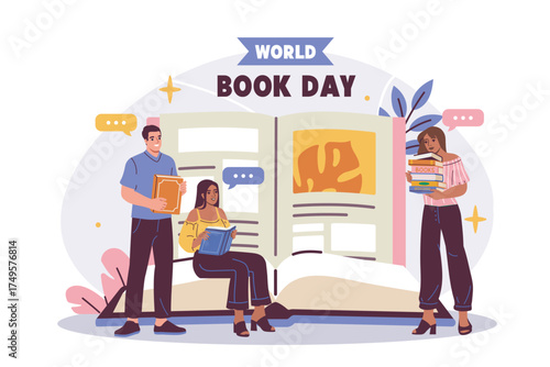 Group of people celebrating World Book Day while reading and holding books in front of a giant open book, flat cartoon style on white background. Vector illustration