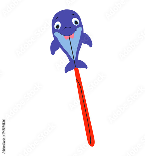 Children's toothbrush in a dolphin-shaped case. Toothbrush case. Toothbrush for oral hygiene. Oral care, water treatments. Flat vector illustration on a white background