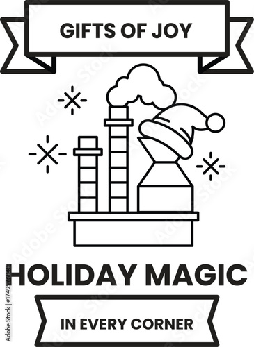 A black and white image of a factory with a Christmas hat on top of it