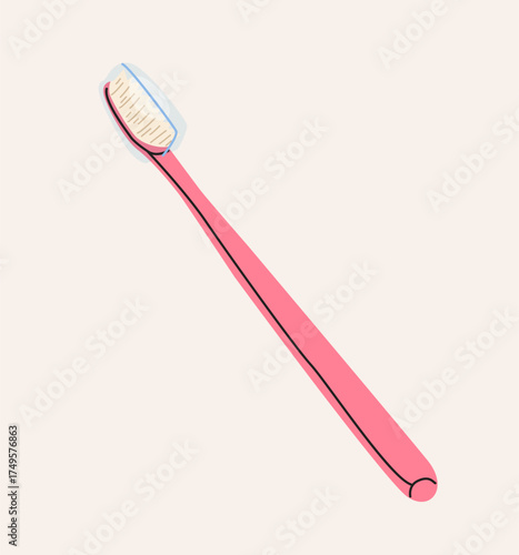 A toothbrush in a transparent case. Protective cap for the toothbrush. A toothbrush for cleaning the oral cavity. Oral care, water treatments. Flat vector illustration on a light background